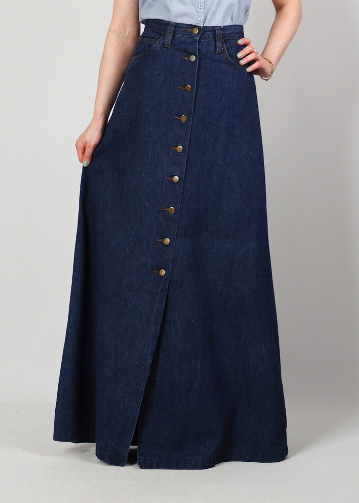 high waisted denim maxi skirt