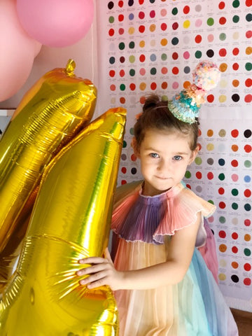 modern rainbow birthday party dress and decor