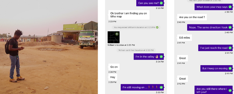 Raphael Muvunga in the Base Camp zone of the Nakivale Refugee Settlement using goTenna Mesh to communicate with his colleague.