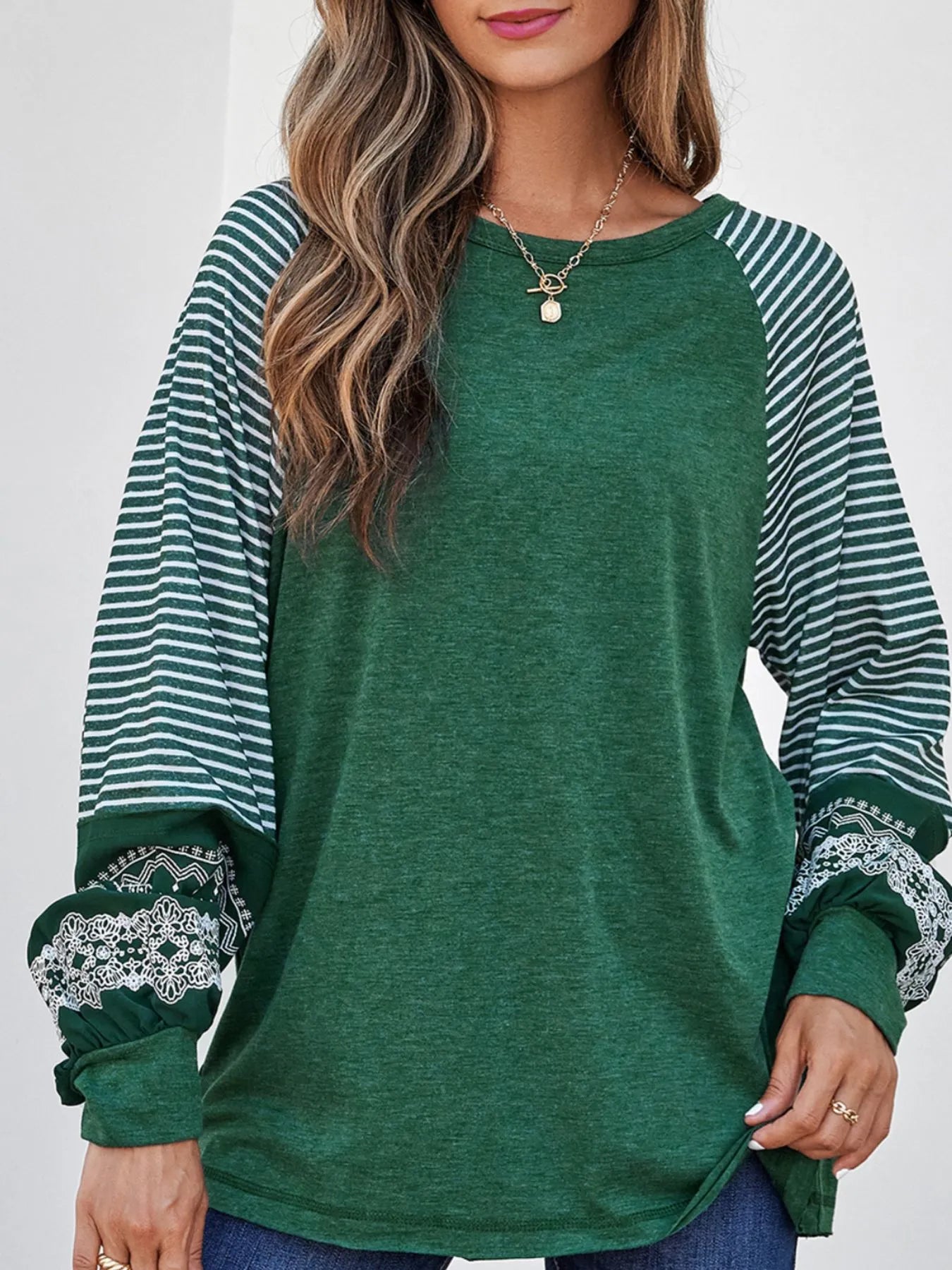 Contrast Print Striped Raglan Long Sleeve Loose Top - ships in 5-10 business days from supplier