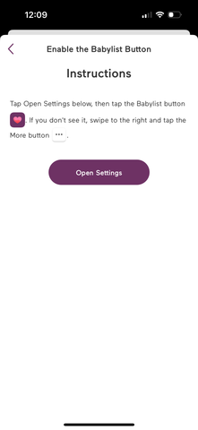 Tap "Open Settings" on this page to see how to access the Share to Babylist icon when sharing from a browser on iPhone