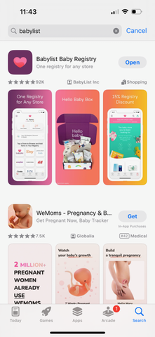 App Store on iPhone showing Babylist App icon
