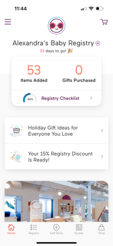 Registry page with plus sign in bottom middle on the Babylist app