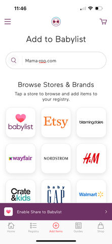 Add to Registry page in Babylist app with mama-roo.com filled in the search bar