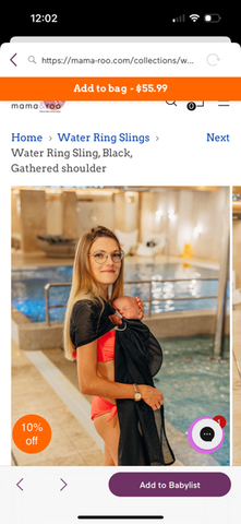 Water ring sling product page, accessed through Babylist app, showing purple "Add to Babylist" button in the bottom right