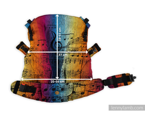 Lenny Lamb Preschool carrier dimensions. The height adjusts from 38cm (15in) - 51cm (20in). The midline width is 37cm (14.5in). The base width adjusts from 25cm (9.8in) to 58cm (22.8in)