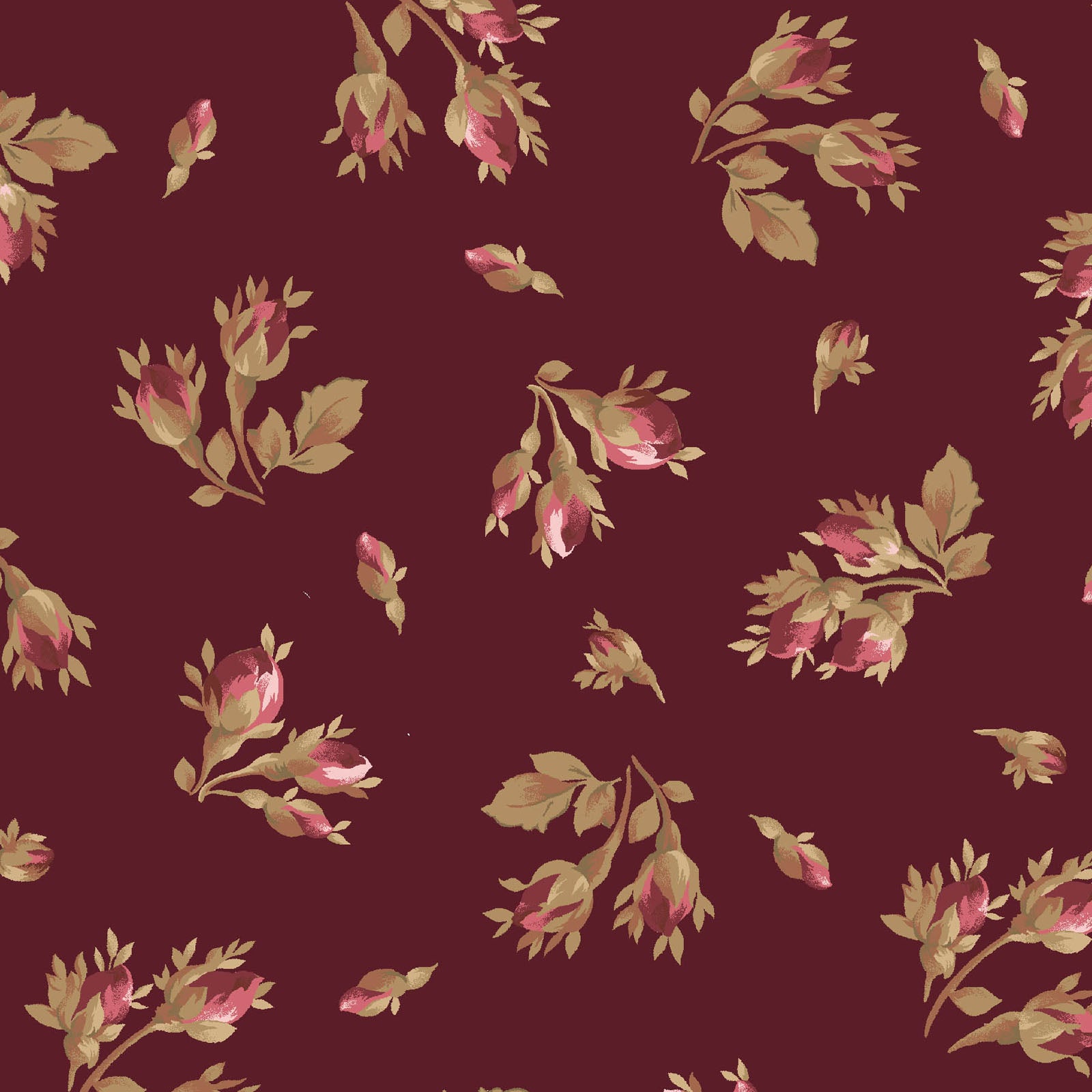 Pink and Burgundy Rosebuds on Maroon Background, Tossed Rosebuds in Ma