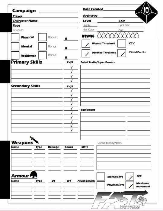 FAST Core Character Sheet – Art of the Genre