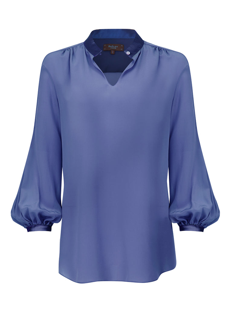 DEPLOY London ZINNIA Cavalier-Sleeves Silk Blouse in Storm Blue ...