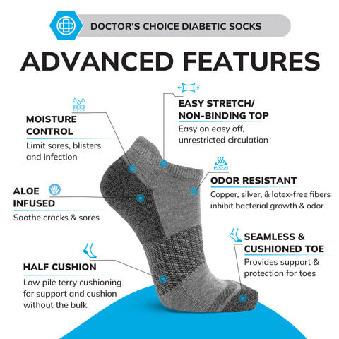 Doctors choice diabetic half cushion no-show sock feature chart