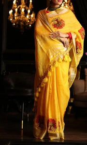 AWESOME YELLOW LINEN COTTON PRINTED SAREE - ms1620