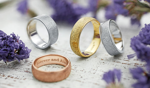 sterling silver, rose gold, yellow gold, and white gold fingerprint rings