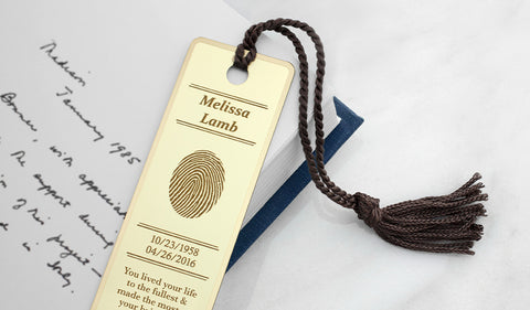 brass memorial bookmark engraved with fingerprint