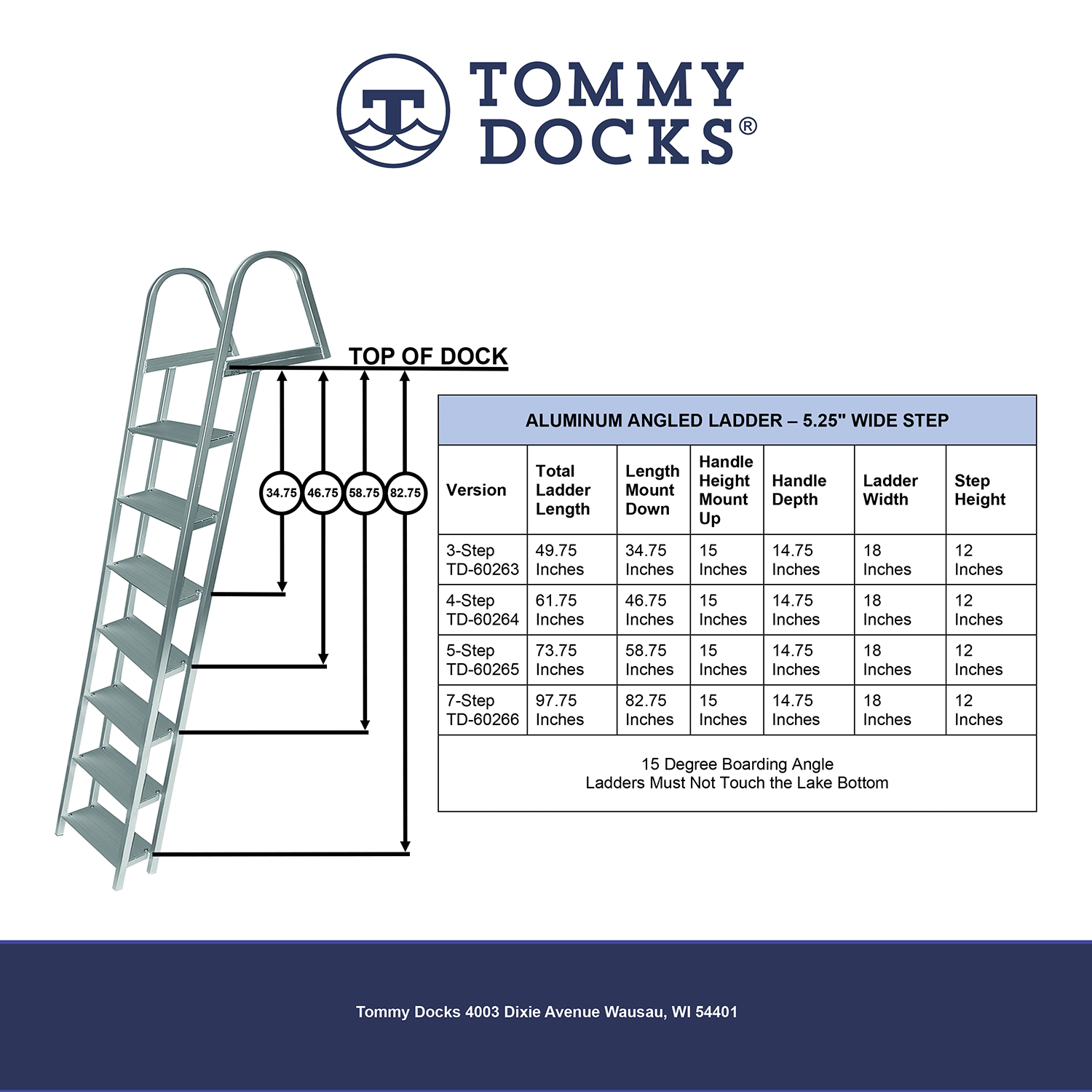 Aluminum Angled Folding Dock Ladder - 5.25” Wide Step - 2 Lengths Avai