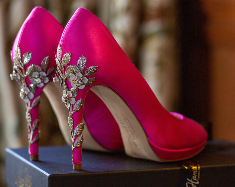 Sophie wears Amy Pink Cherry - Harriet Wilde Wedding Shoes