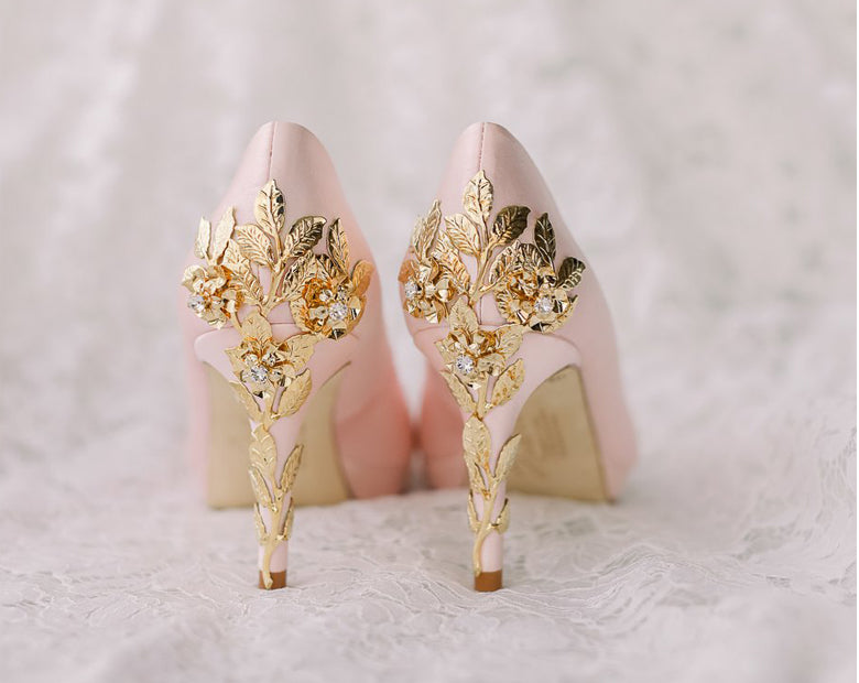 Sabrina wears Joanie Mid Gold Cherry - Harriet Wilde Wedding Shoes