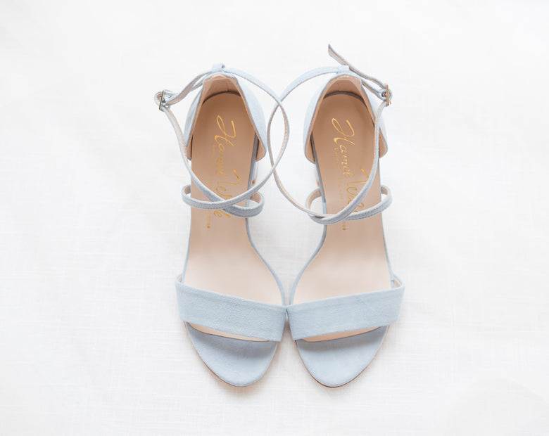 Grace wears Arabella Block Mid Blue - Harriet Wilde Wedding Shoes