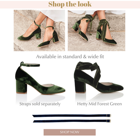 Hetty Mid forest green shoes, with ankle straps or velvet bows, forest green velvet shoes