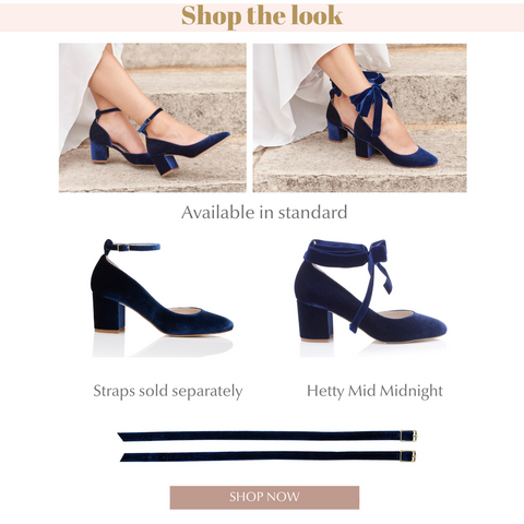Shop the look Hetty mid might shoes, mid heel block heels in midnight velvet with midnight bows