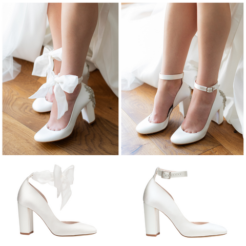 Hetty ivory organza, block heel ivory satin shoe with bows