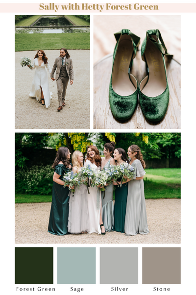 Real bride Sally styled her hetty forest green with shades of silver, slate, sage and forest green