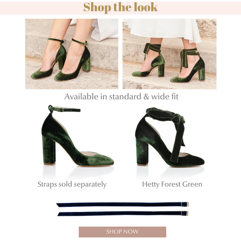 Hetty forest green, block velvet green shoes with ankle straps or velvet bows