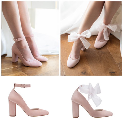 Pink block heel wedding shoe with bows