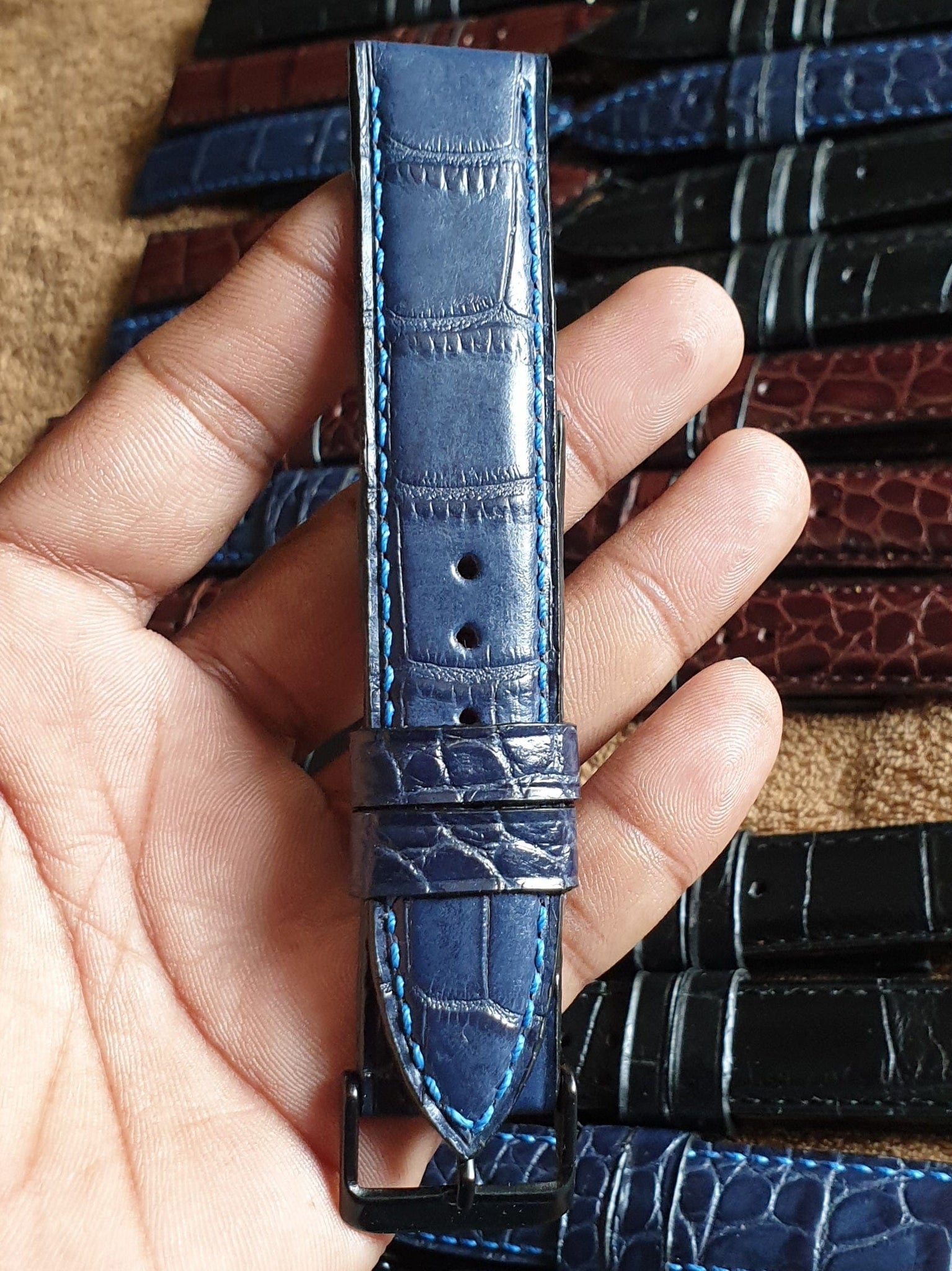 Handmade blue leather watch strap - Indianleathercraft
