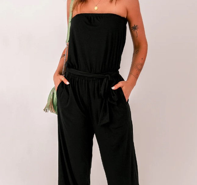 belted strapless wide leg jumpsuit