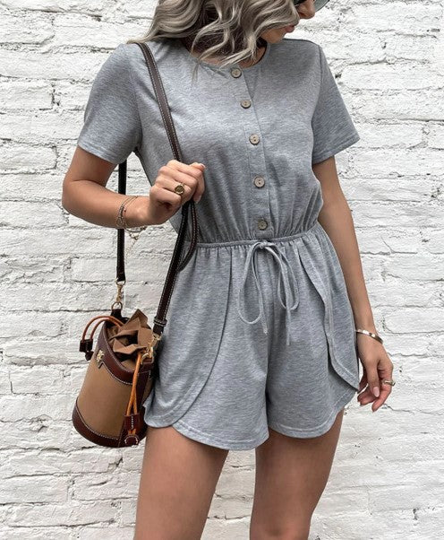 buttoned drawstring round neck romper