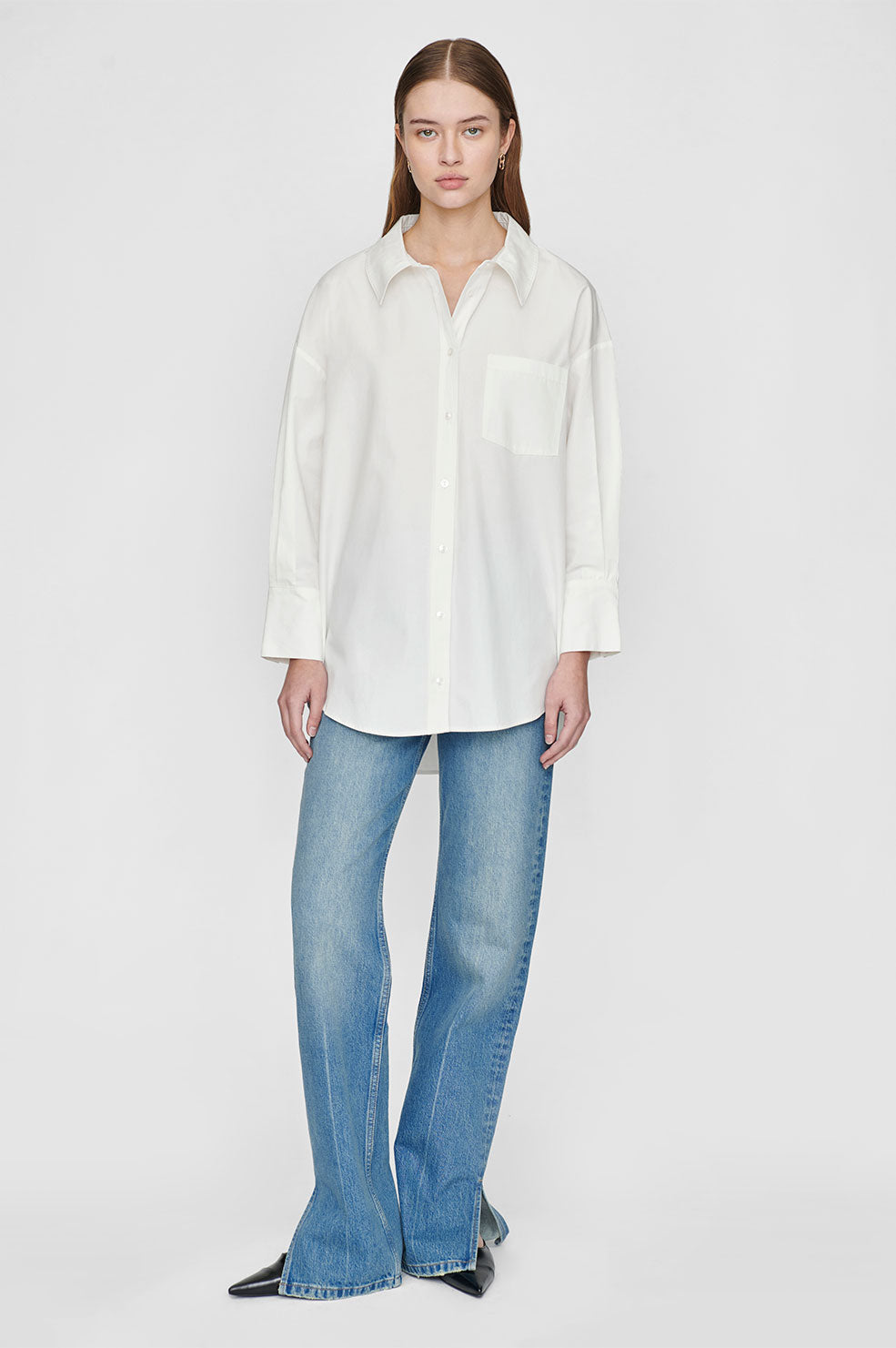 Anine Bing | Braxton Shirt - Ivory and Blue Monogram Stripe | S