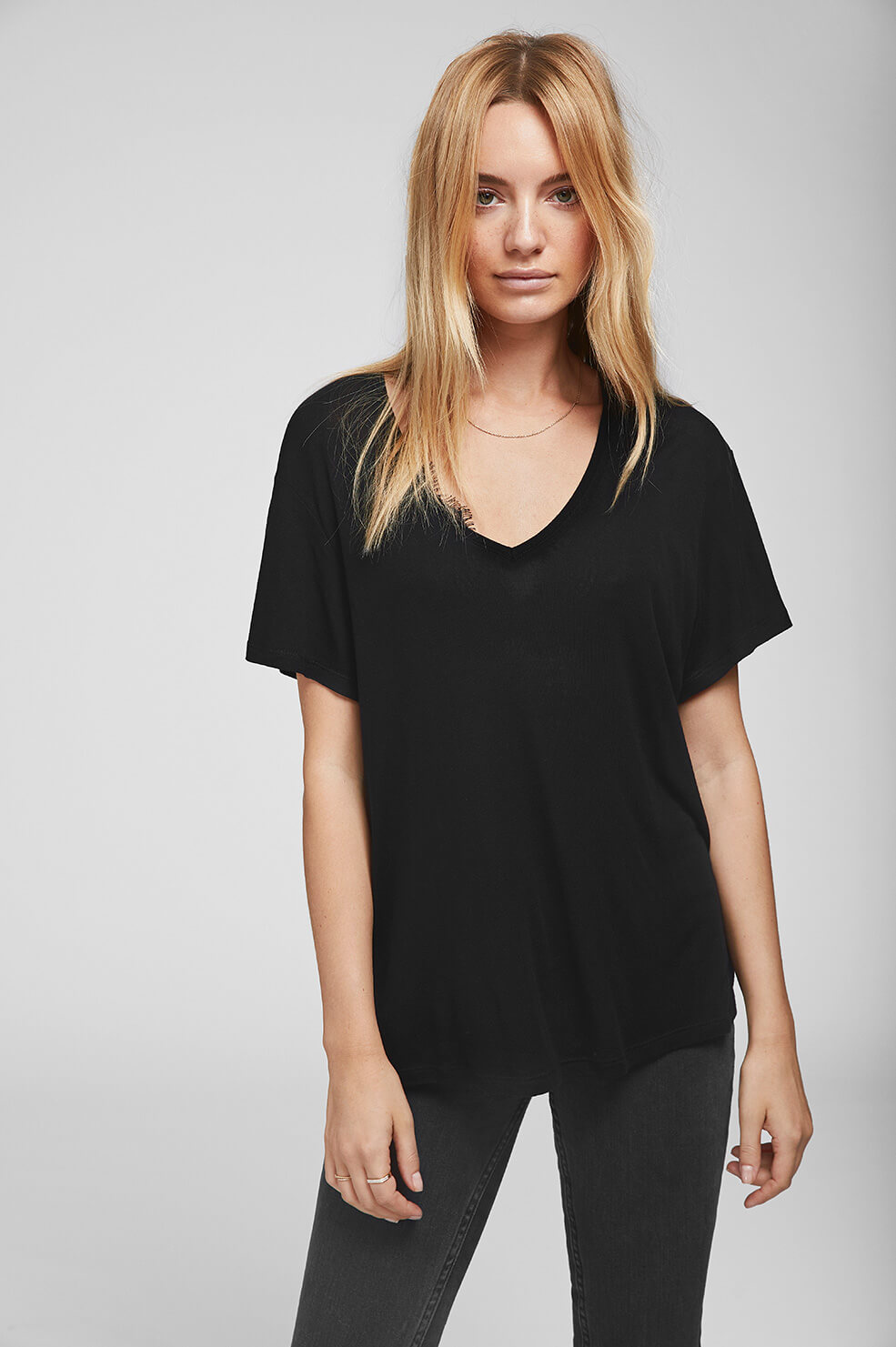 Anine Bing Deep V neck T silk Shirt In Black ModeSens