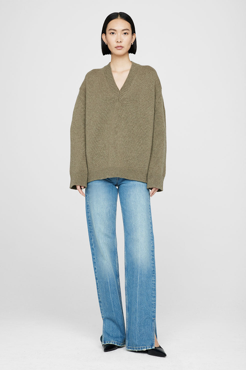 ANINE BING Rosie V Neck Sweater in Olive