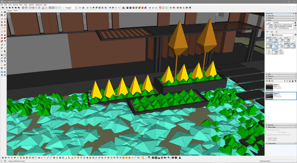 Screenshot of SketchUp software showing a scene with proxy plant models represented by simple geometric shapes. The scene includes various plant types arranged in planters and scattered across the ground. The interface displays toolbars and settings, illustrating the modeling process before importing into Twinmotion.