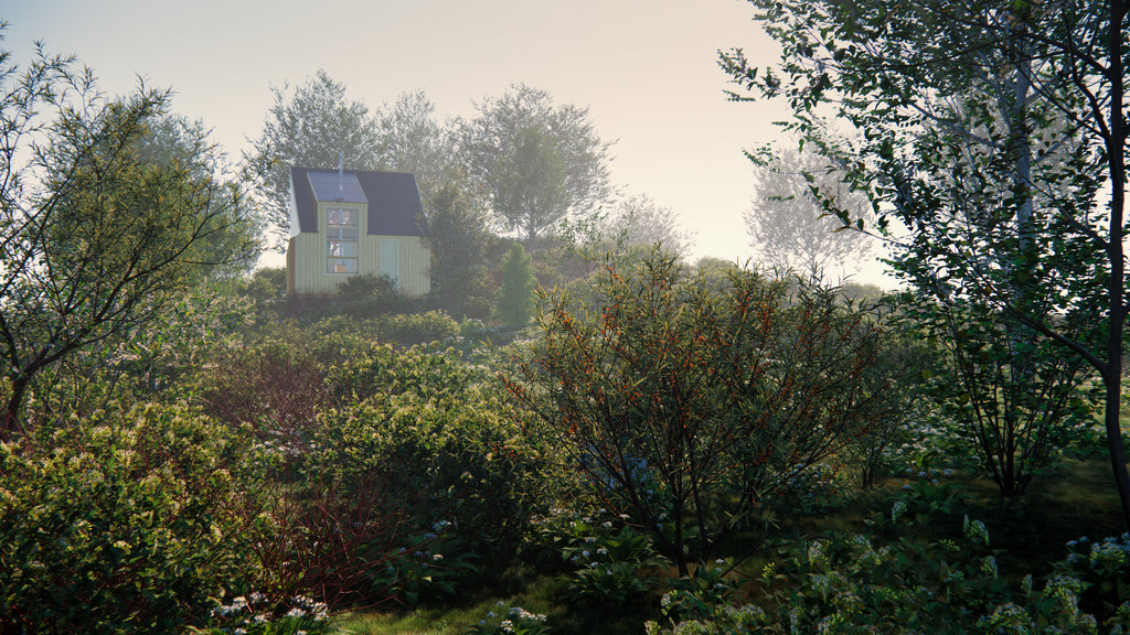 Landscape scene featuring a small house surrounded by dense greenery and trees. The use of fog and Depth of Field (DOF) effects creates a realistic atmosphere, with the foreground plants in sharp focus and the background slightly blurred, adding depth and enhancing the lifelike quality of the render.