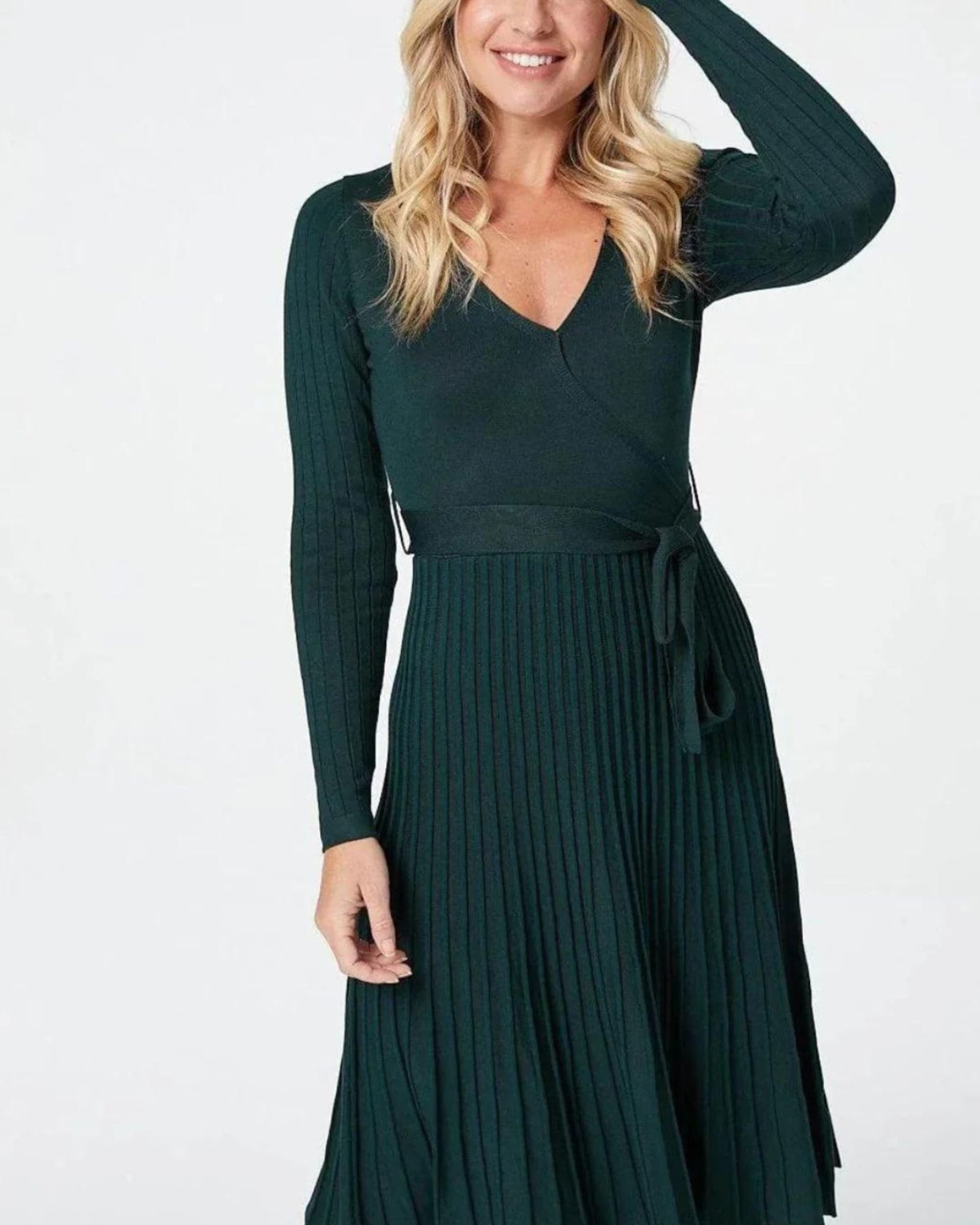 Adelina Dress Knit Pleated Skirt Crossover Top | Green