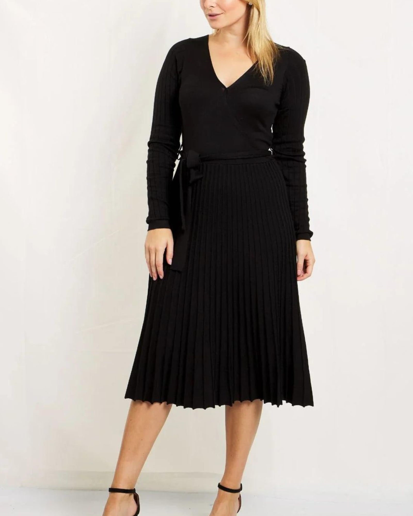 Adelina Dress Knit Pleated Skirt Crossover Top | Black