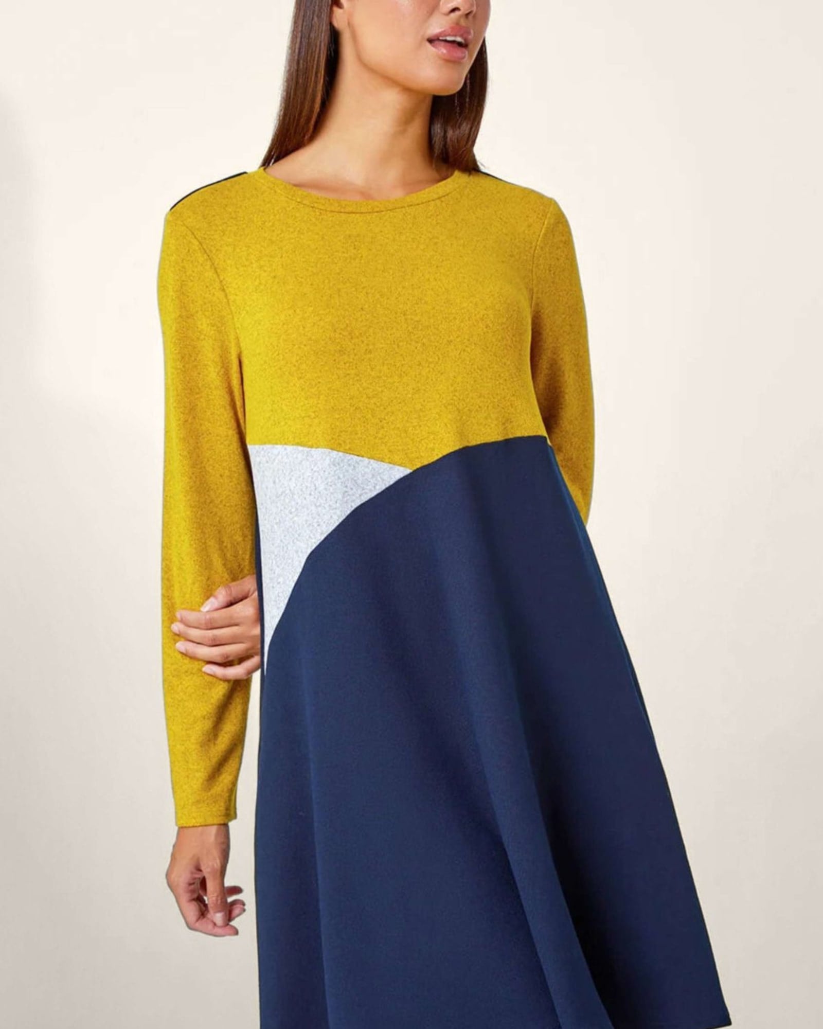 Hannah Dress Round Neck Color Block Print | Navy
