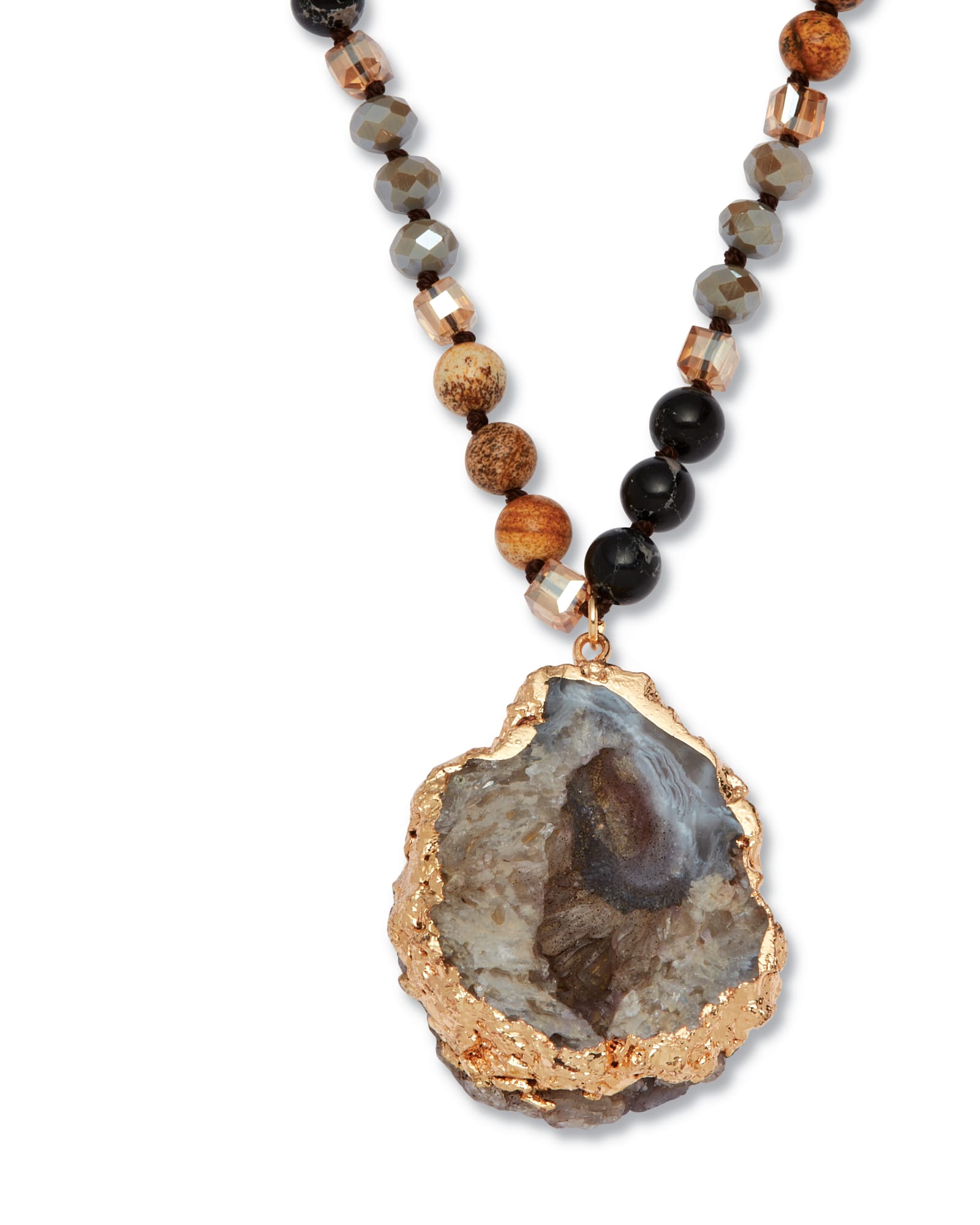 Genuine Brown Agate and Multi-color Jasper Goldtone Drop Necklace, 32 inches | Brown