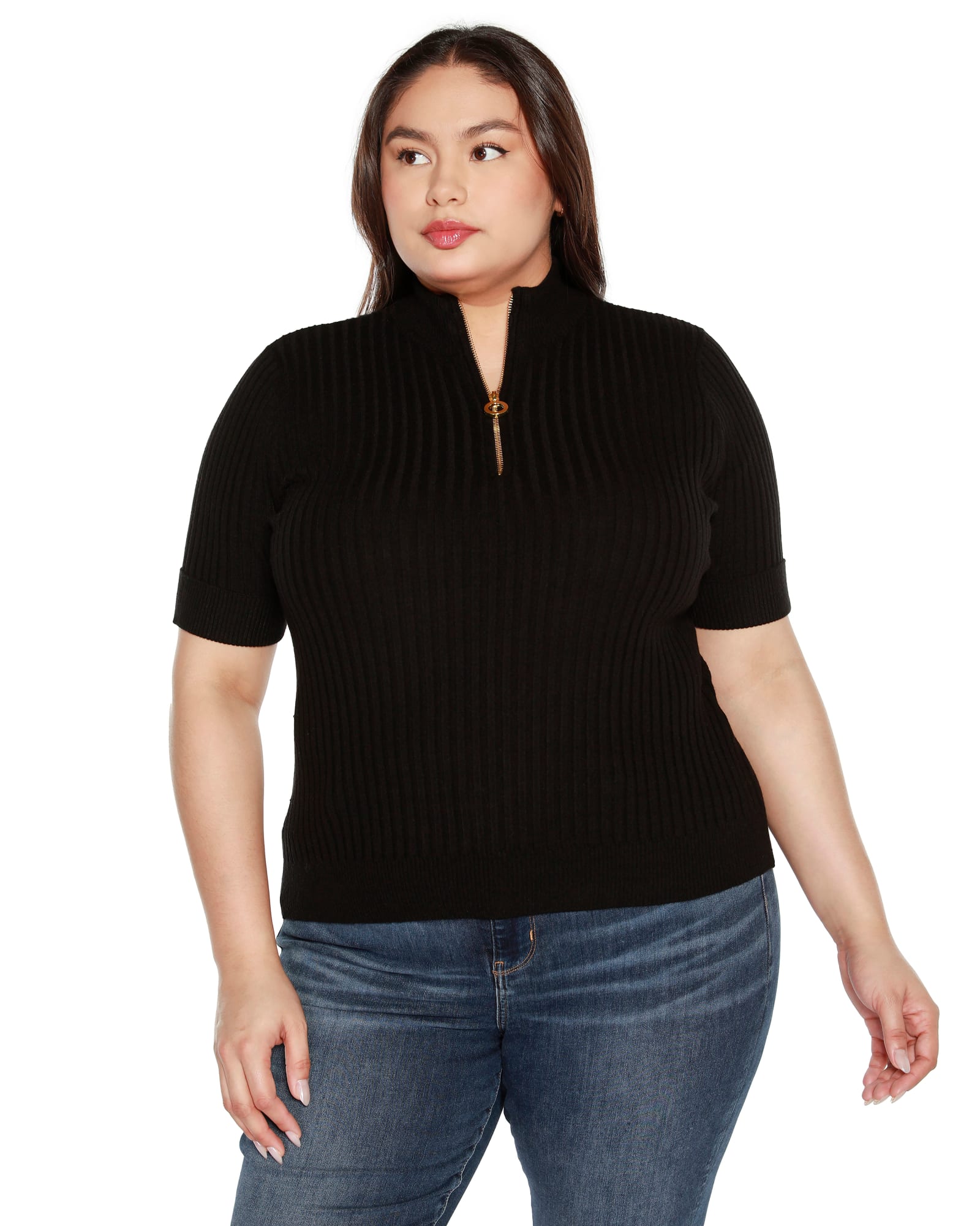 Plus Size Ribbed Zip Mock Neck Sweater | Black