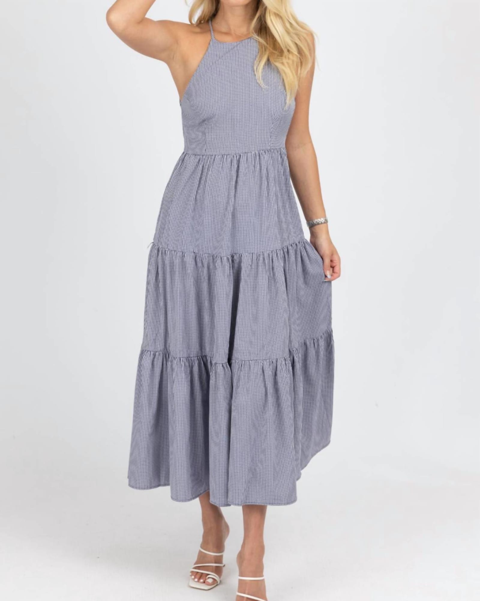 Gingham Tiered Open Back Maxi Dress In Navy | Navy