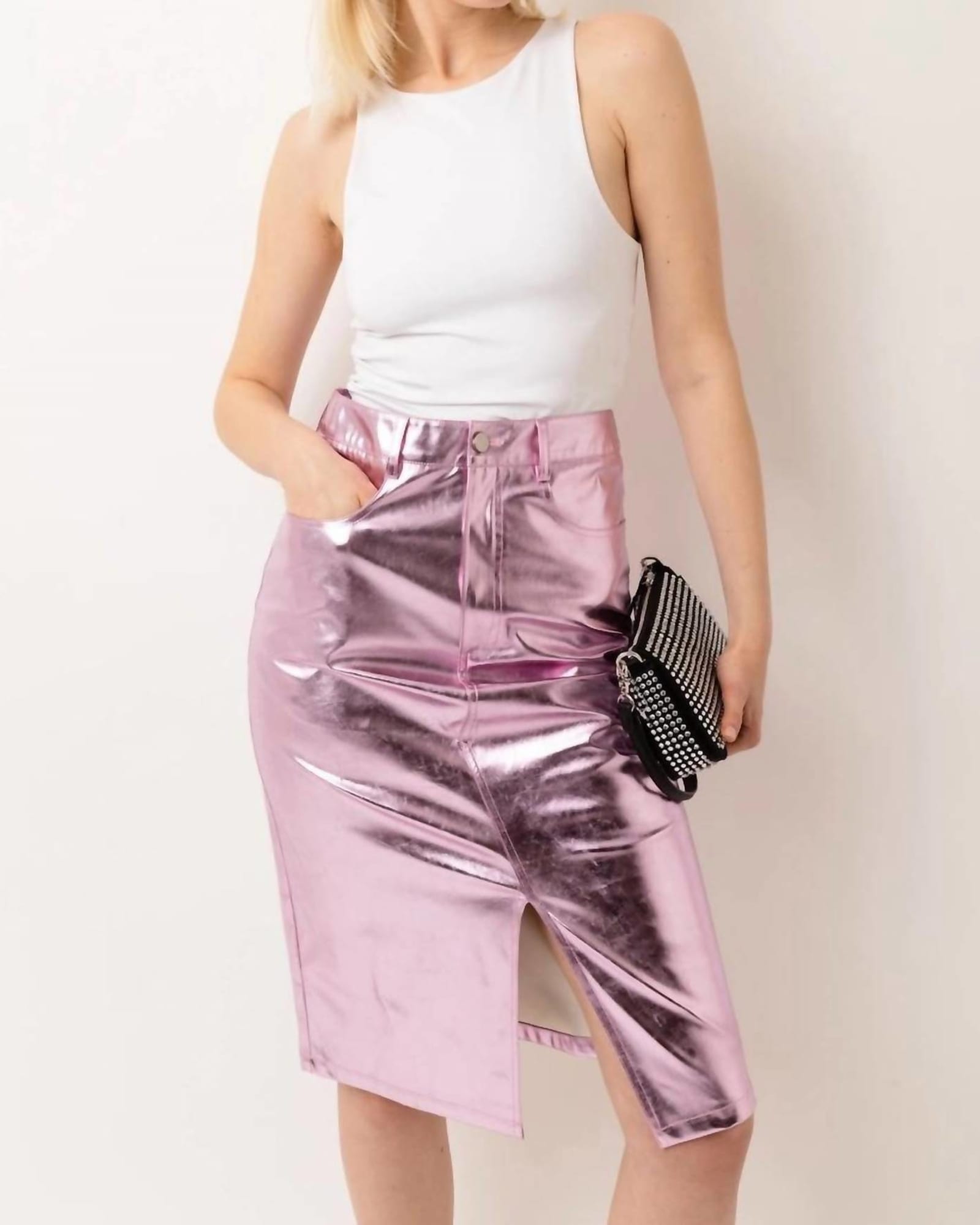 Lupe Metallic Pencil Skirt In Pink | Pink