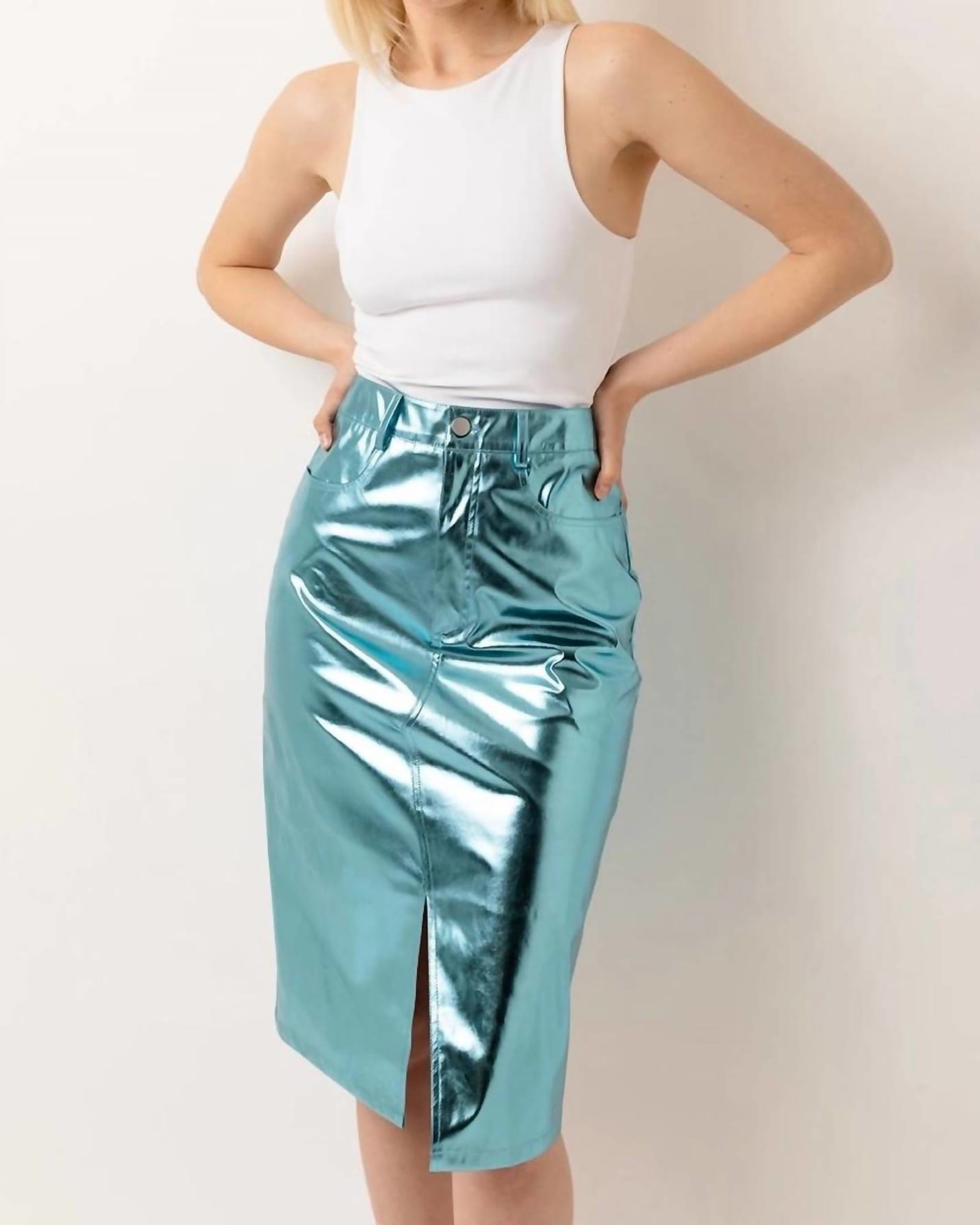Lupe Metallic Pencil Skirt In Ice Blue | Ice Blue