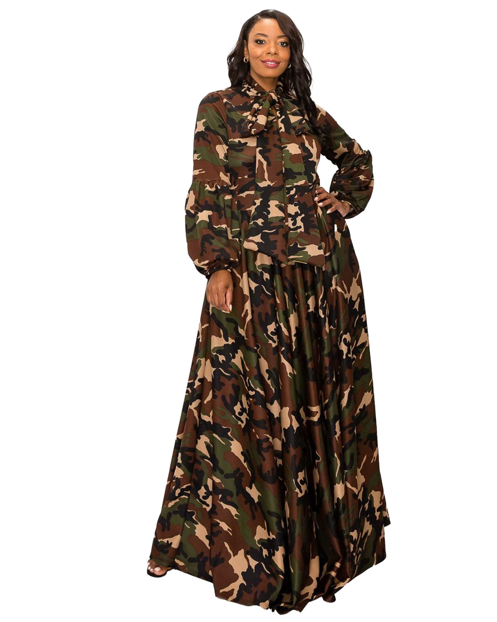 Camo Bella Donna Dress with Ribbon and Puffed Out Sleeves | Camo