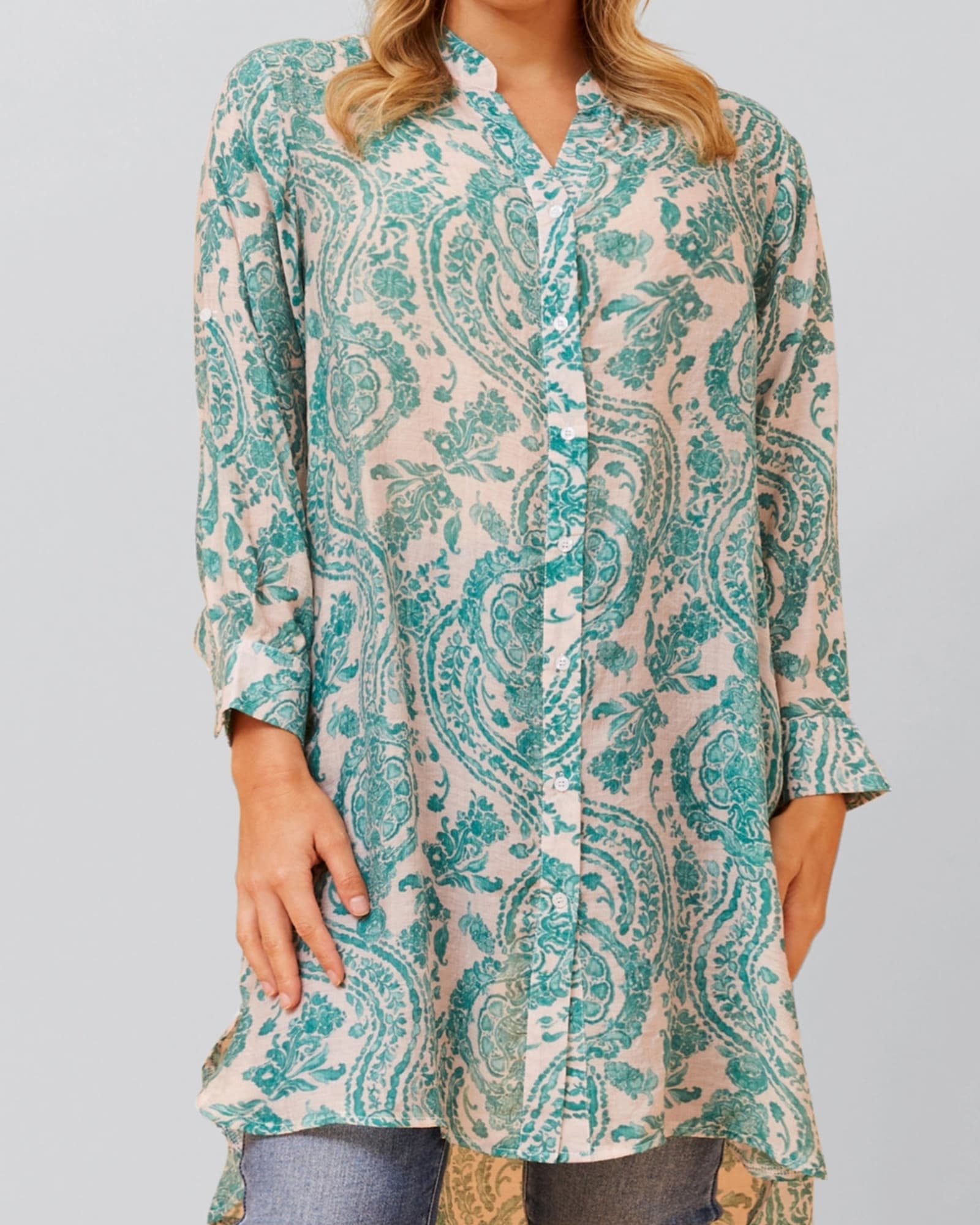 Cezanne Tunic Shirt Dress Semi-Sheer Paisley Print | Green