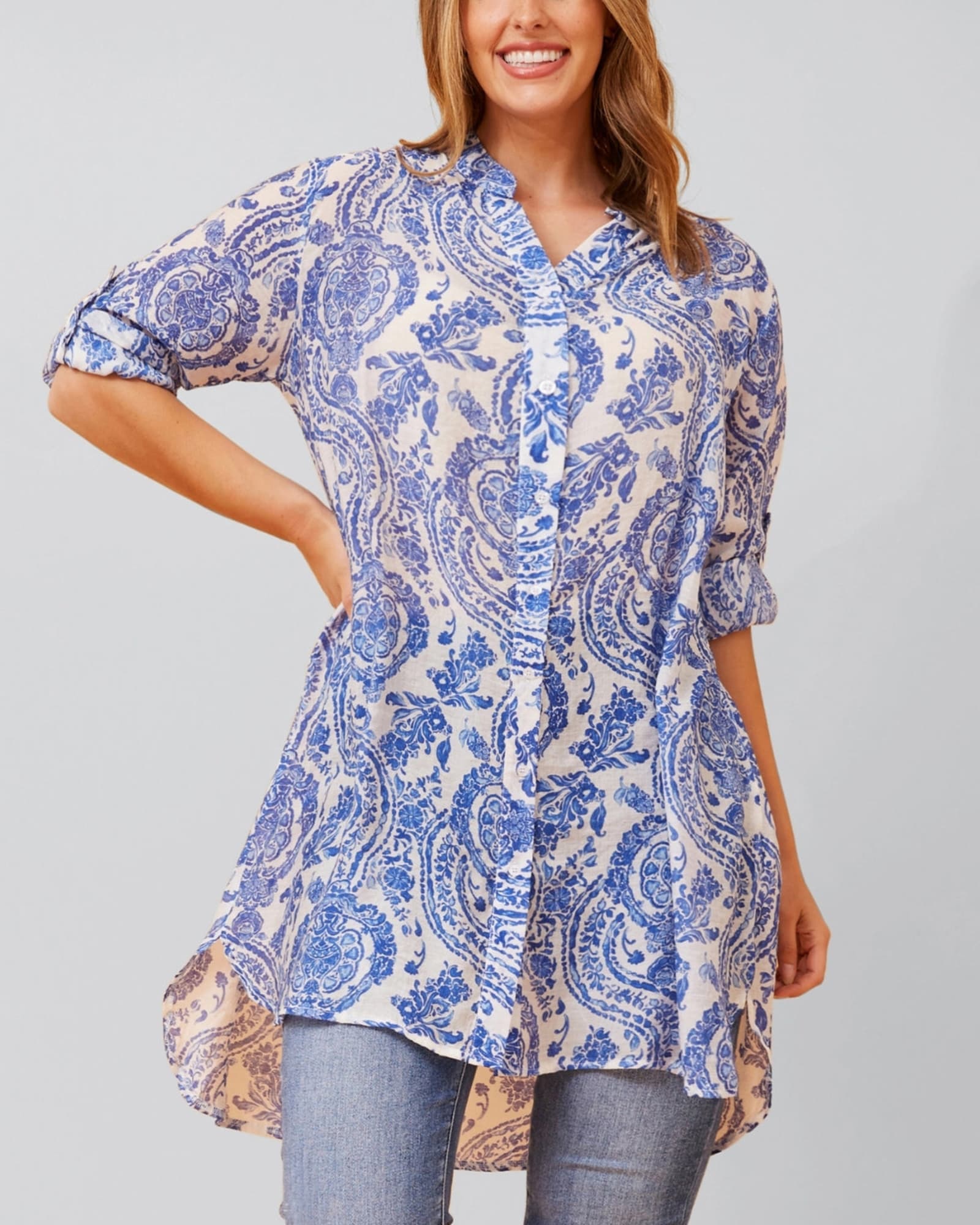 Cezanne Tunic Shirt Dress Semi-Sheer Paisley Print | Blue