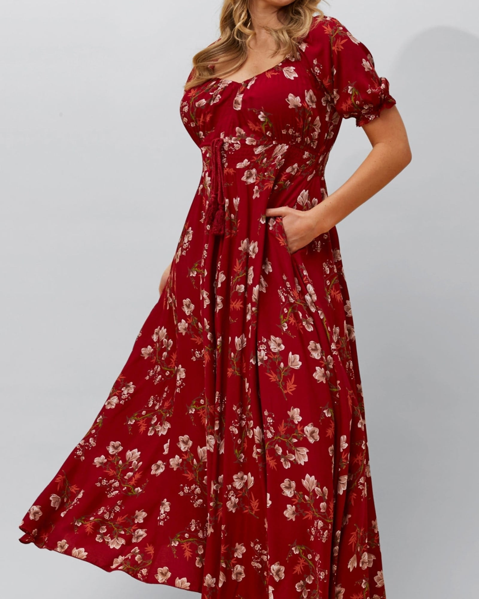 Carla Maxi Dress Floral Puff Short Sleeves | Red