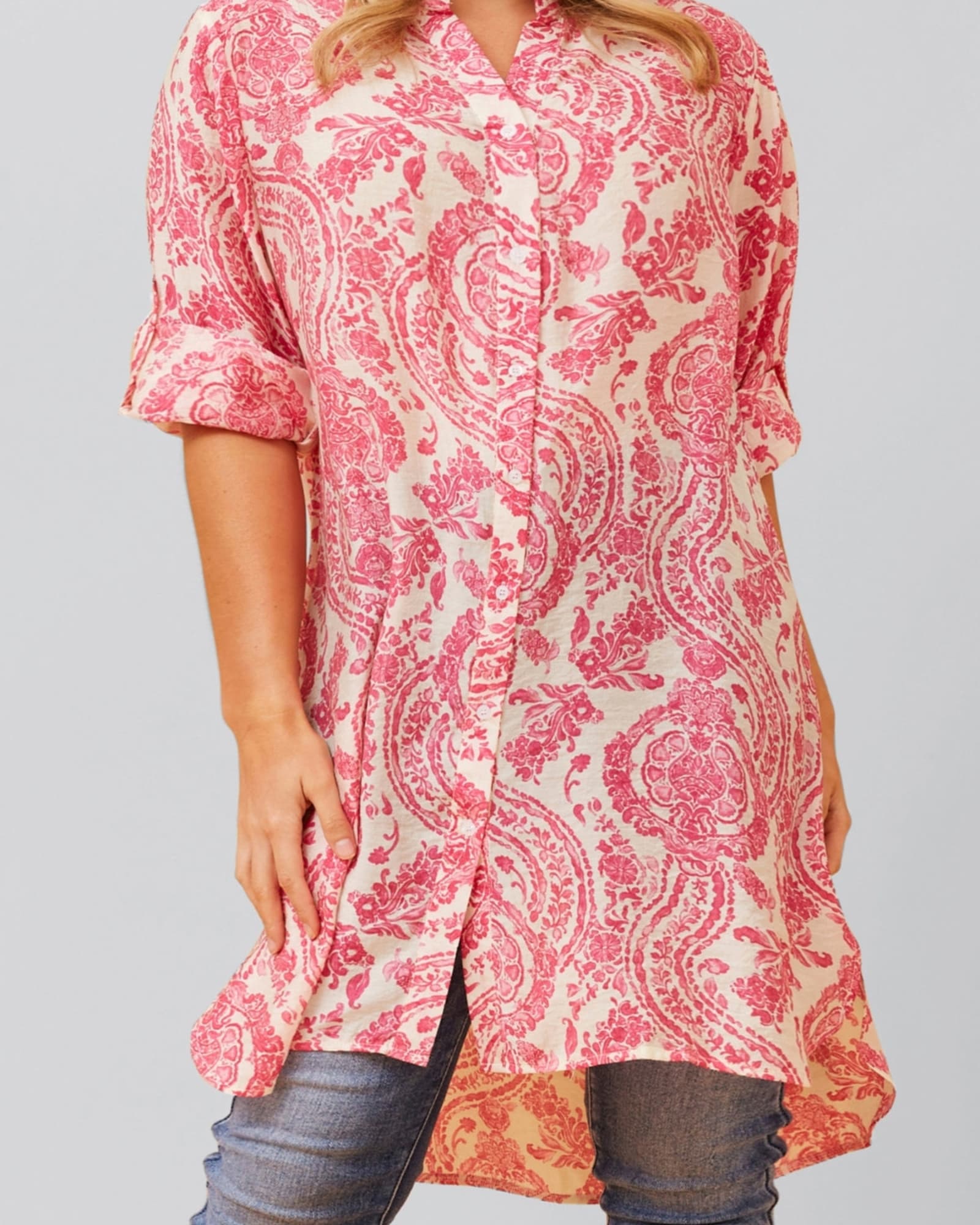 Cezanne Tunic Shirt Dress Semi-Sheer Paisley Print | Pink