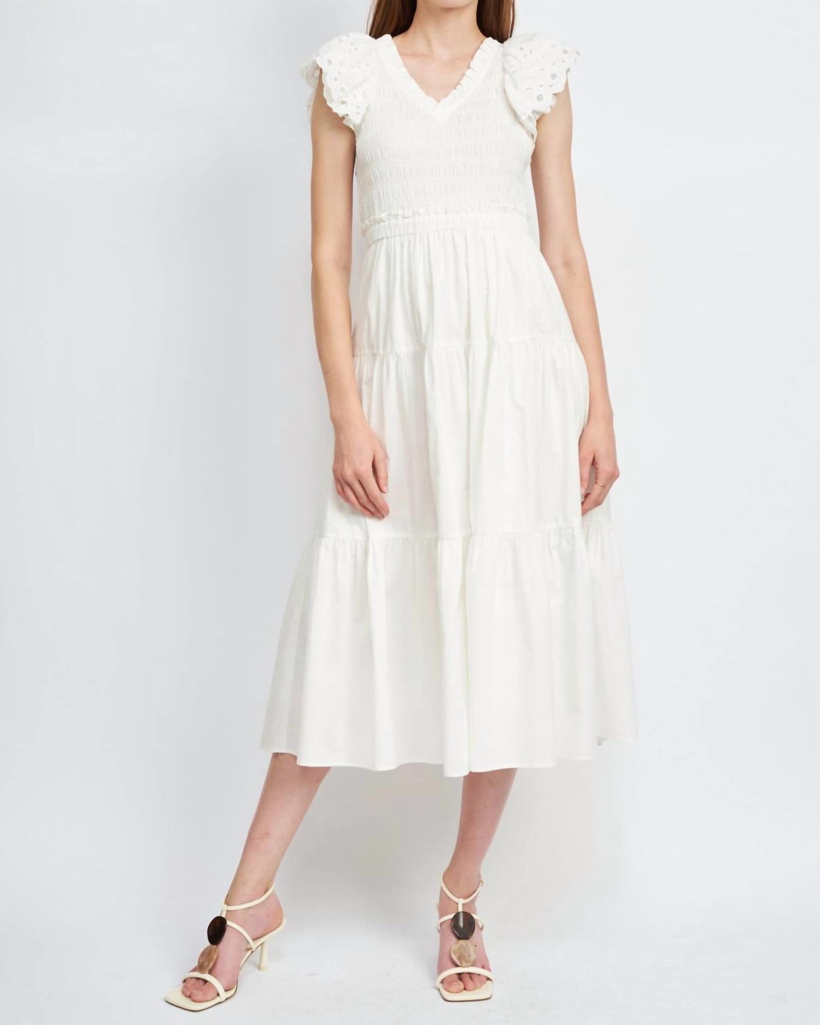 Alana Smocked Midi Dress In White | White