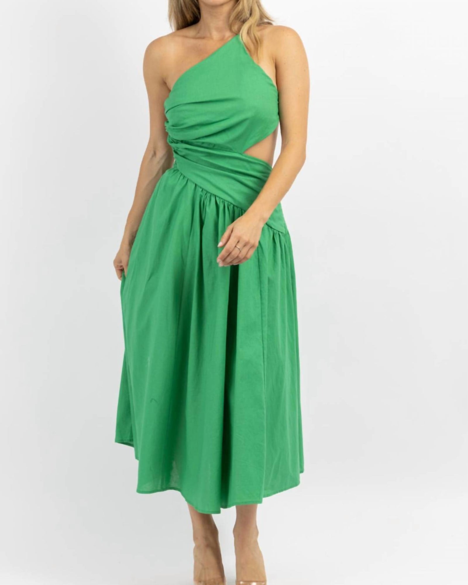 Asymmetric Ruche Midi Dress In Palm Green | Palm Green